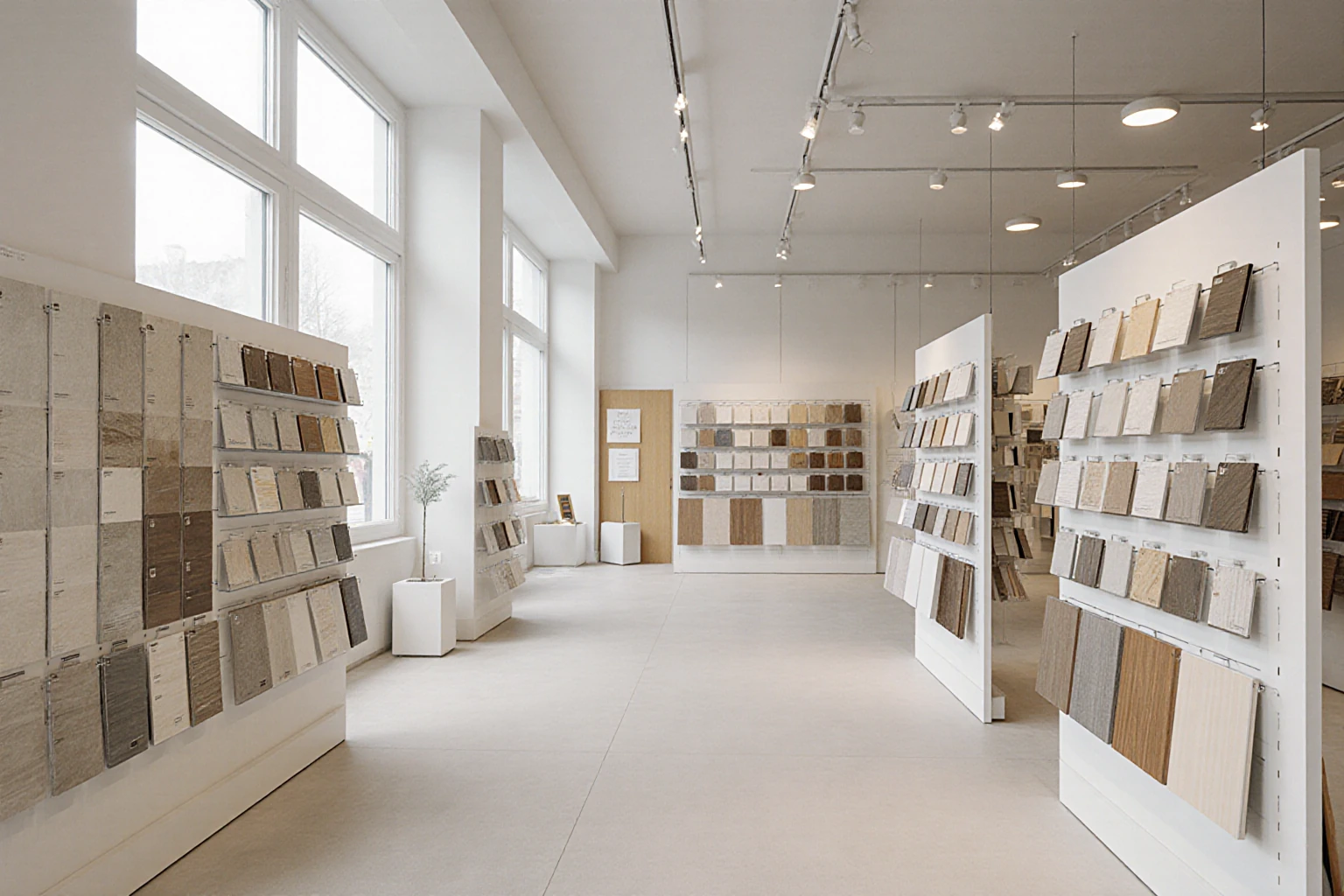Heller Schauraum mit Fliesen- und Materialmustern auf Ausstellungswänden